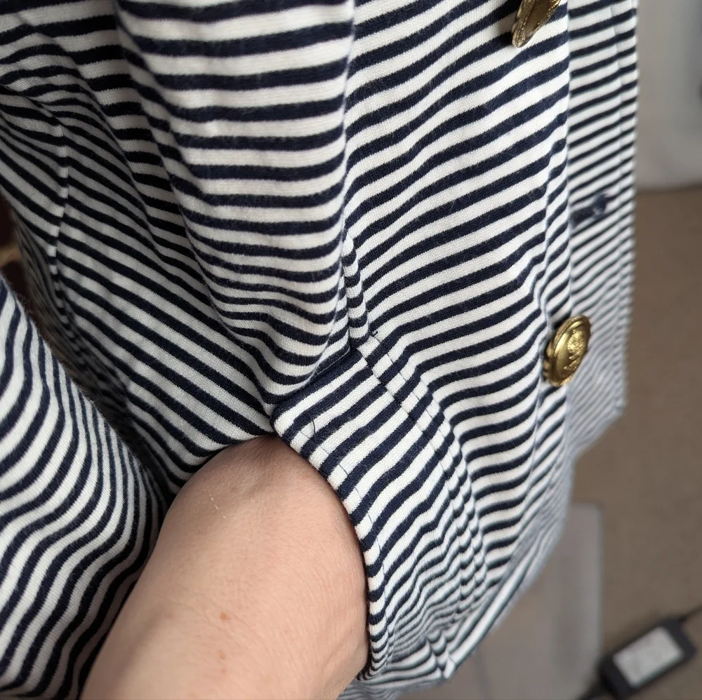 CAbi Navy & White Striped Nautical 3/4 Sleeve  Double-Breasted Blazer With Gold - Picture 5 of 8
